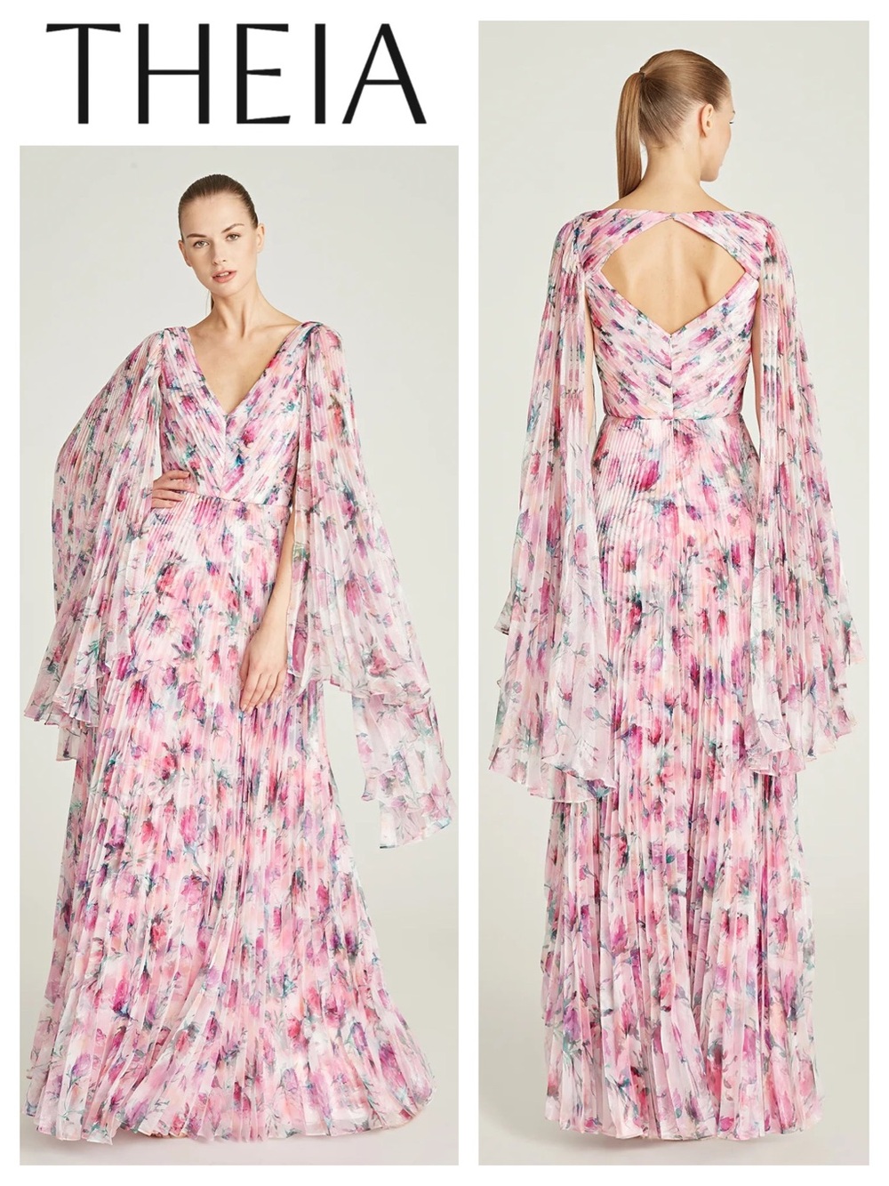 THEIA Melinda Pleated V Neck Floral Gown with Long Split Cape Sleeves